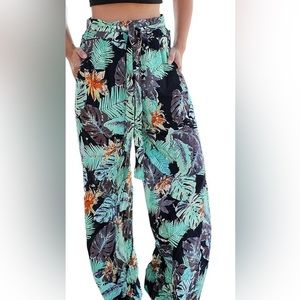 ECOWISH Womens Cotton Soft Palazzo Wide Leg Pant w/ Pockets High Waist‎ Casual L